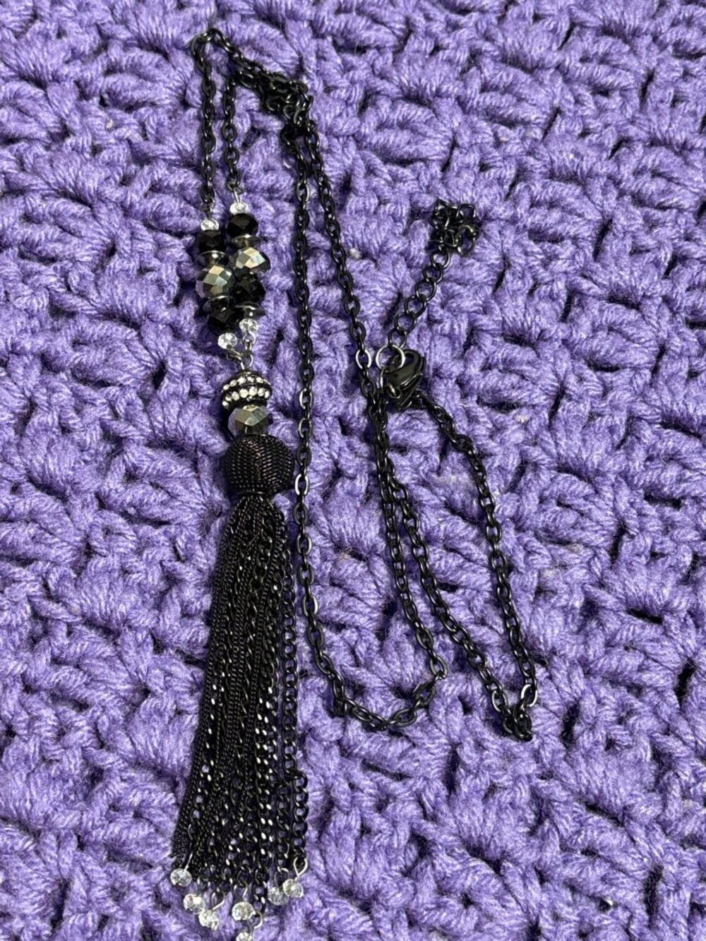 NY New York & Company Black Chain Tassel Pendant Necklace Clear Rhinestones